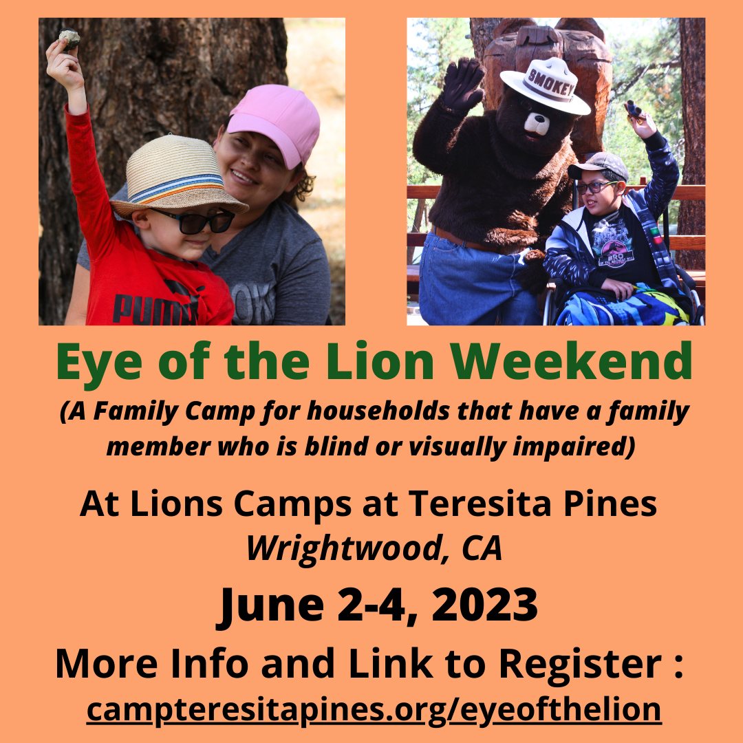Eye of the Lion Weekend! A family camp for households that have a family member who is blind or visually impaired. At Lions Camp at Teresita Pines in Wrightwood, CA. June 2-4, 2023